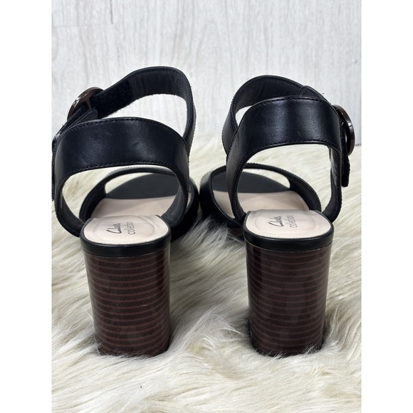 Clarks AmbyrLyn Sandal 10 Black Leather Block Heel Comfort Preppy Chic Shoe - Picture 4 of 8